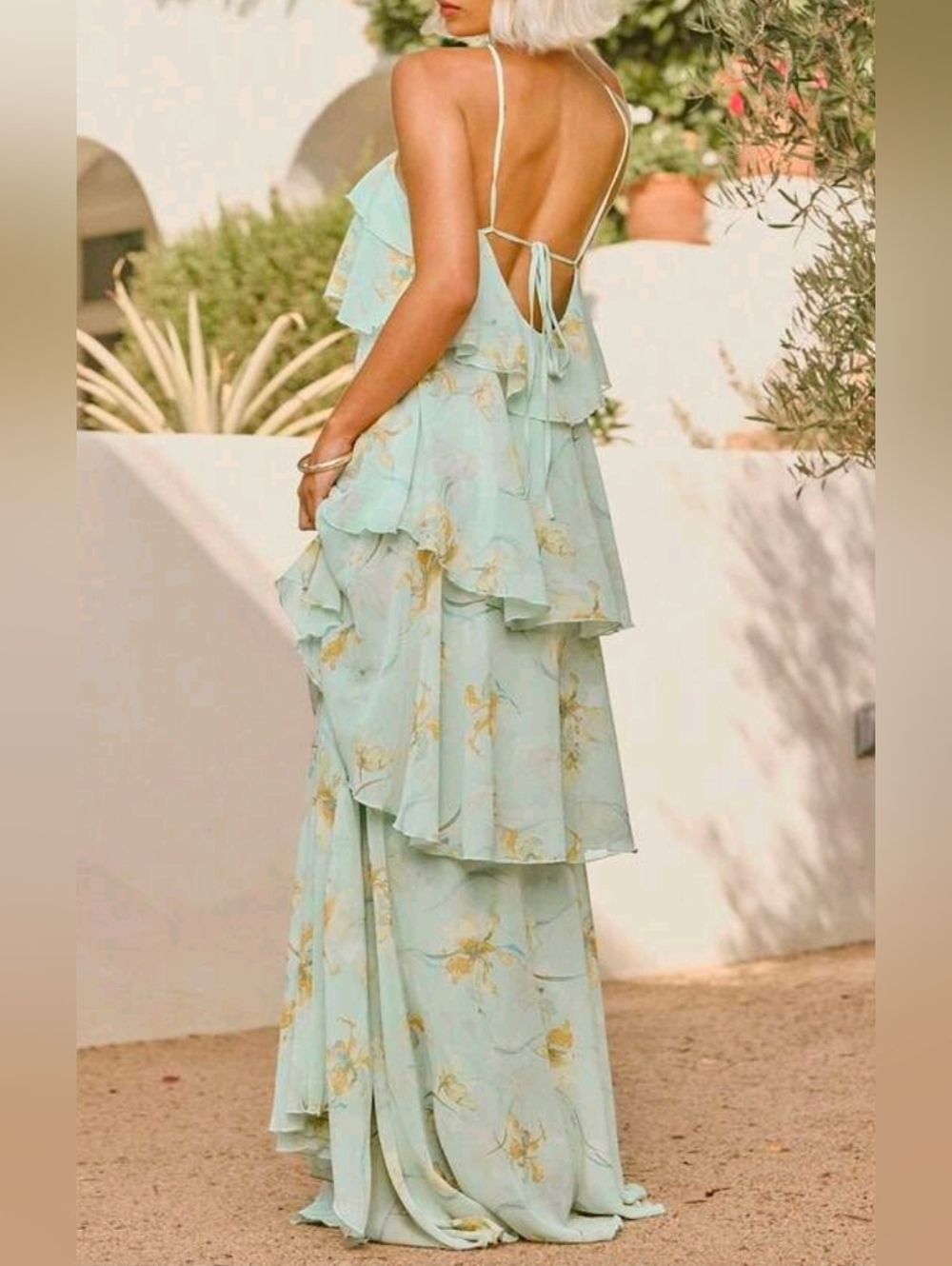 New Tiered Chiffon Ruffle Halter Maxi Dress Backless Floral Green - Picture 7 of 10